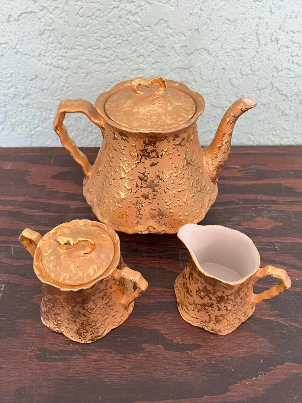 * MINT* Vintage Holley Ross Weeping 22K Gold Tea Set: Teapot, Creamer & Sugar